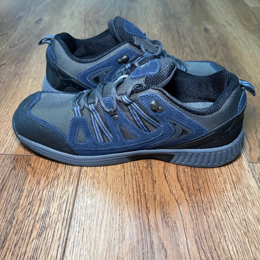 OrthoFeet Mens 12 Wide 2E Walking Shoes Blue Grey Leather Mesh 643 Sneakers EUC